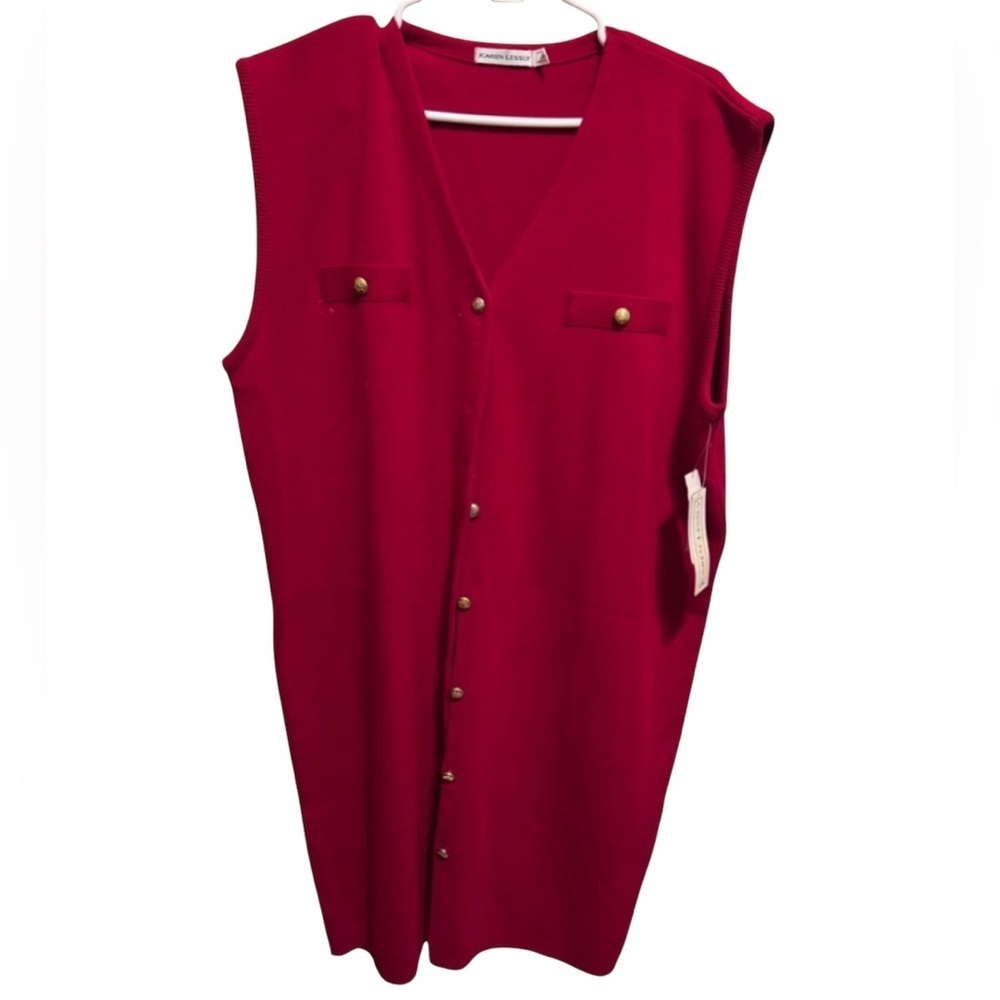 Karen Lessly Vintage Red Sleeveless V-Neck Gold Buttons Sweater Dress Plus Sz 2X